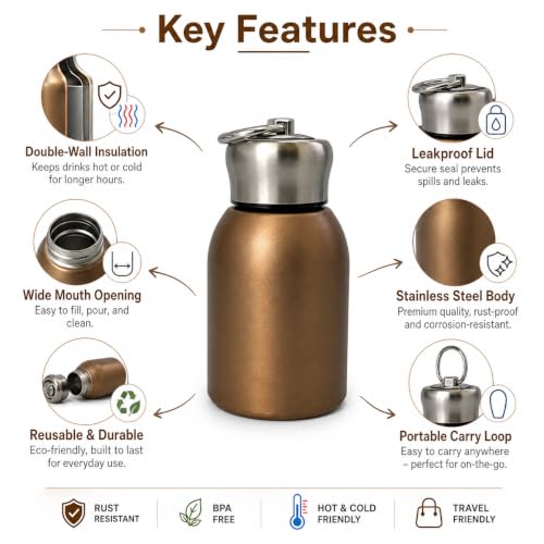 Image of Mini Insulated Stainless Steel Water Bottle 280 ml,Bronze