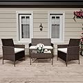 4 Pieces Patio Furniture Sets, Outdoor Wicker Conversation Sets with Soft Cushion and Glass Table, All Weather Manual Rattan Chairs for Garden, Terrace, Porch, Lawn, Poolside, Brown and Beige