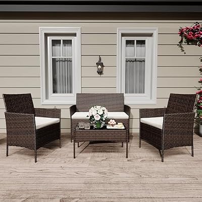 4 Pieces Patio Furniture Sets, Outdoor Wicker Conversation Sets with Soft Cushion and Glass Table, All Weather Manual Rattan Chairs for Garden, Terrace, Porch, Lawn, Poolside, Brown and Beige