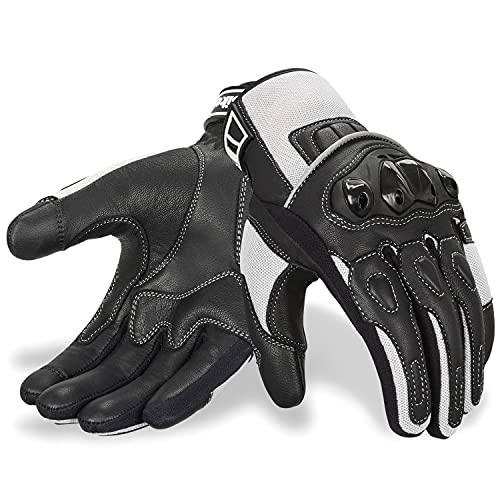 Oro Biker Motorbike Motorcycle Gloves, Premium Leather and Summer Mesh Hard Knuckle Touch Screen Motorbike Gloves Racing ATV Riding Gloves for Men (Medium, Black/White)