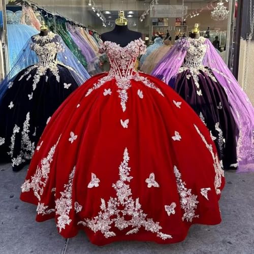 Off Shoulder Quinceanera Dresses Puffy Velvet 3D Flowers Ball Gown 3D Butterfly Sweet 15 16 Prom Dresses2