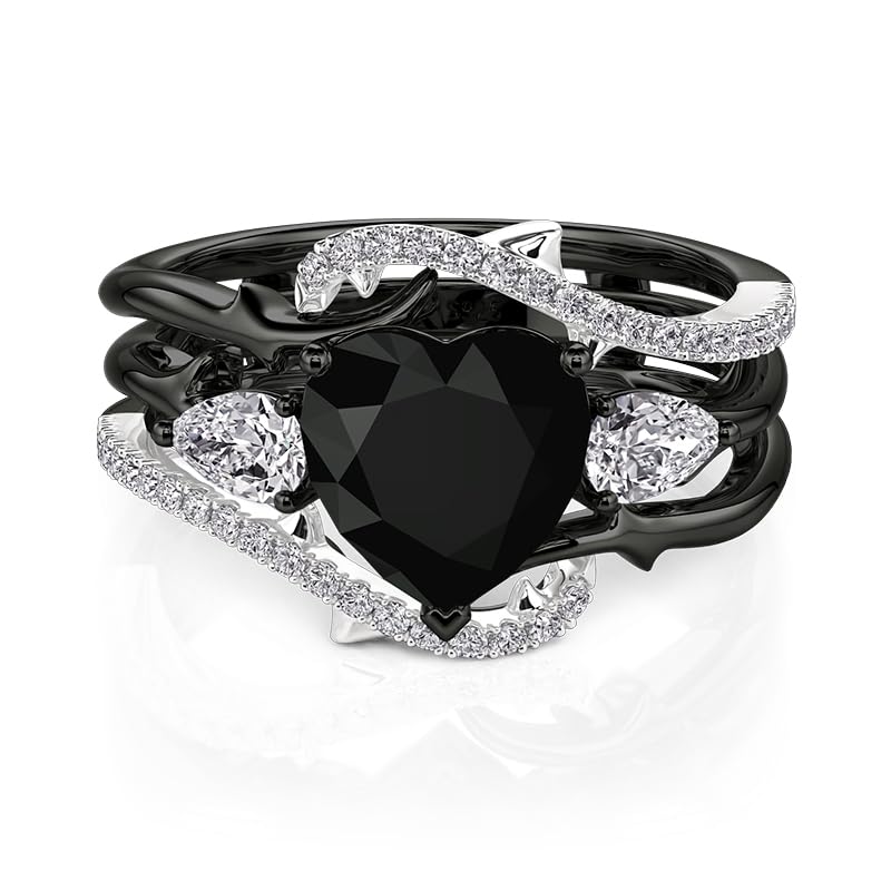 Image of Jeulia 3.1CT Interchangeable Engagement Ring Set Sterling Silver Black & White Heart Thorns Three Stone Wedding Bridal Ring with Gift Box