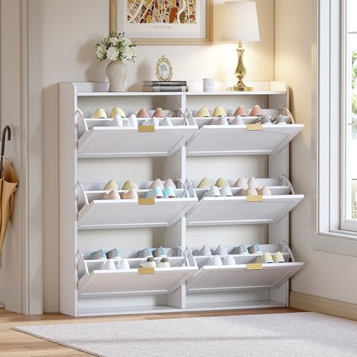 Ktipm Zapatero Moderno con 6 Compartimentos Abatibles y Diseño Ajustable, Zapatero Entrada Recibidor, Mueble Zapatero para Hall de Entrada y Pasillo, Zapateros Estrecho, 118x23x118 cm, Blanco