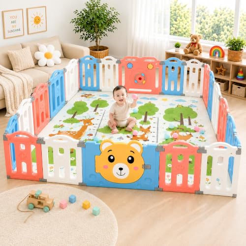 Image of 18 Panel Playpen for Babies up to 5 Year with Foldable Mat Big Size for Toddlers with Activity Panel Smart Folding & Portable Baby Play Fence for Kids Indoor with Gate (6x6 ft=36sqft)