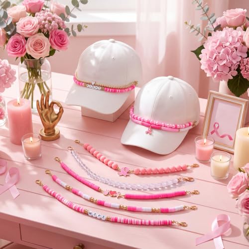 Image of Geyoga 9 Pcs Breast Cancer Awareness Trucker Hat Chains Pink Trucker Hat Charms Women Man Bill Decoration Detachable DIY Metal Chain for Mesh Baseball Cap