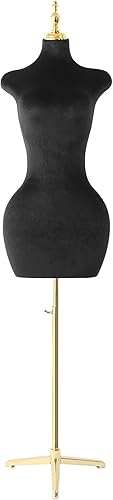 Maniquí de forma de vestido femenino con torso largo en la cadera, altura ajustable de 67 a 75 pulgadas, terciopelo negro esponjoso y base de metal