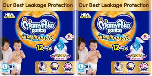 Image of New Mamypoko Pants Premium All Night Absorb| Pant Style Baby Diapers Large Size(L), 40 Count, Ideal for 9-14Kgs|1 Diaper: Upto All Night Absorption now with 10% increased power|Wider Crisscross Sheet|Gentle Coco Care| 12hr Leakage Protection| Prevents Heaviness.