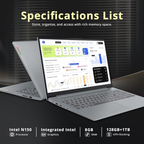 Image of Lenovo IdeaPad Slim 3 15.6 inch Anti-Glare FHD Laptop, Intel Processor N150, 8GB LPDDR5 RAM, 1.12TB Storage(128GB UFS+1TB Docking Station), Long Battery Life, Wi-Fi 6, Numeric Keypad, Win 11 Pro, Grey