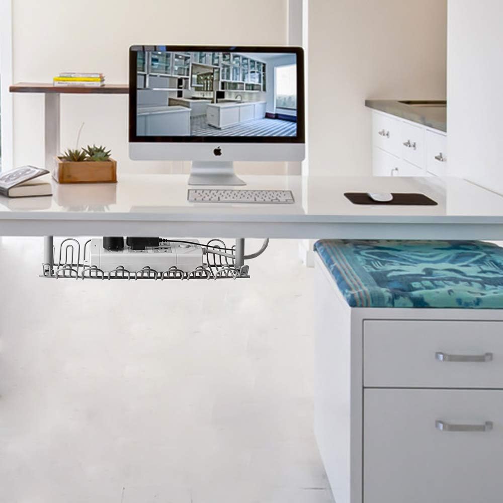 2 Packs Cable Management Tray, 14 inch Under Desk Cable Holder for Wire Organization, Heavy Metal Cord Organizer Ideal for Computer Home Office Standing Desks to Hide Power Strips (Gray)
