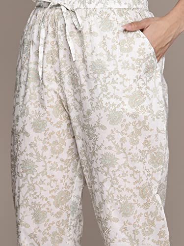Image of anubhutee Women's Cotton White Floral Printed A-Line Kurta Suit Set With Pants