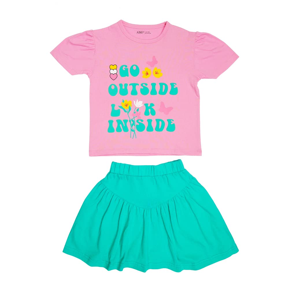 AIKOGirls AIKO-Girls Short Sleeve Pink T-Shirt with Green Skirt Set 2 Pc Set-Tee &skirt with Shorts (pack of 1)
