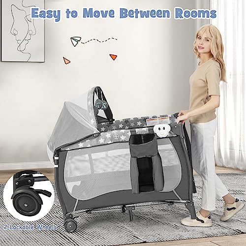 Image of BABY JOY 4 in 1 Pack and Play, Portable Baby Playard with Bassinet, Adjustable Canopy, Changing Table, Lockable Wheels, Music Box, Travel Baby Crib Bassinet from Newborn to Toddler