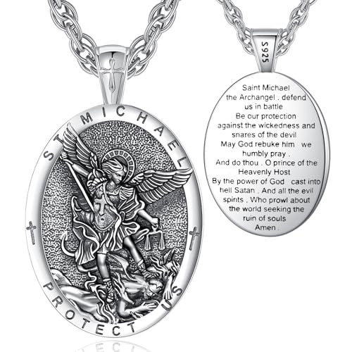 EUDORA St Saint Michael Necklace Medal for Women Men S925 Sterling Silver Archangel St Michael Pendant for Protection Medalla de San Miguel Arcangel Christian Jewelry Gifts for Mens Women 22+2