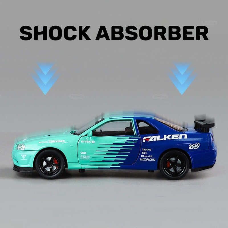 Image of 1:32 Scale Nissaan Skyline R-34 Model Alloy Metal Pull Back Toy car for Kids with Openable Doors & Light, Music Toy Vehicle for Kids (1:32 Nissaan Skyline R-34 (Green))