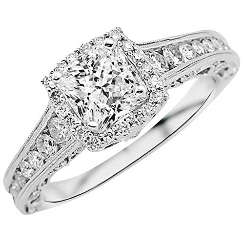 2.75 Carat 14K White Gold Vintage Halo Style Channel Set Round Brilliant Diamond Engagement Ring Milgrain with a 2 Carat Moissanite Center…