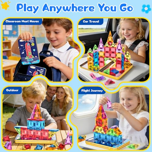 Image of Magnetic Tiles Magnetic Blocks Building Toy: Portable Mini Magnetic Tiles Travel Set 48 Pieces Montessori Toys Birthday Gift for Kids Girls and Boys Ages 3-12 Years Old Preschool Classroom Must Haves