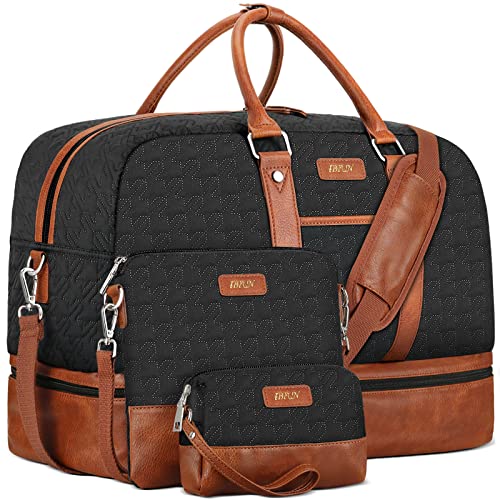 Image of Weekender Bag for Women, Large Overnight Bag Canvas Travel Duffel Bag Carry On Tote with Shoe Compartment 21 inch 3Pcs Set, A12-brown+black, Large, Practical
