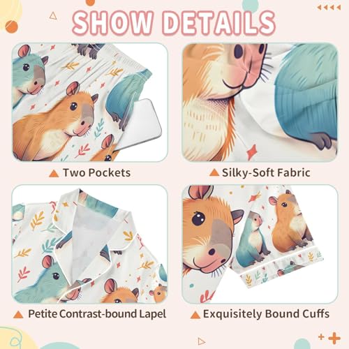 senya Capybara Blue Satin Summer Pajama Sets Silk Short Sleeve Button Down Sleepwear3