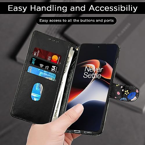 Image of Pikkme OnePlus 11R 5G Flip Cover for Girls Leather Finish | Inside TPU with Card Pockets | Wallet Stand and Shock Proof | Complete Protection Flip Case (Black Flower)