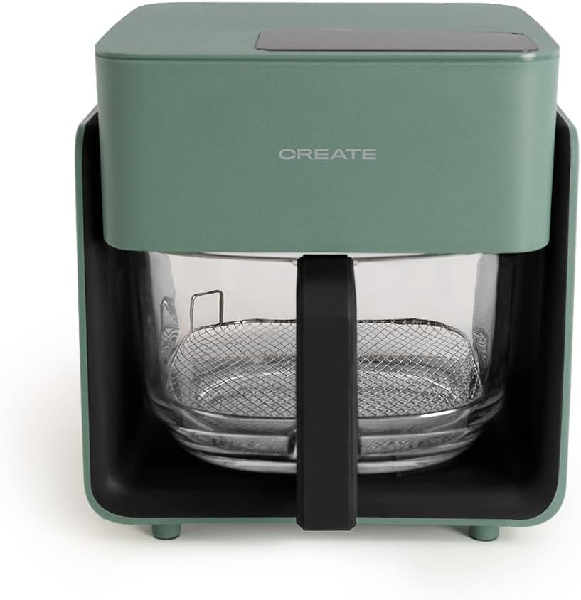 CREATE/AIR FRYER STUDIO CRYSTAL/Freidora sin aceite 4.2 L sin vaporizador de agua verde sage/Capacidad 5-6 raciones, 6 programas, bandeja de cristal, control de tiempo y tempertura, 1300W