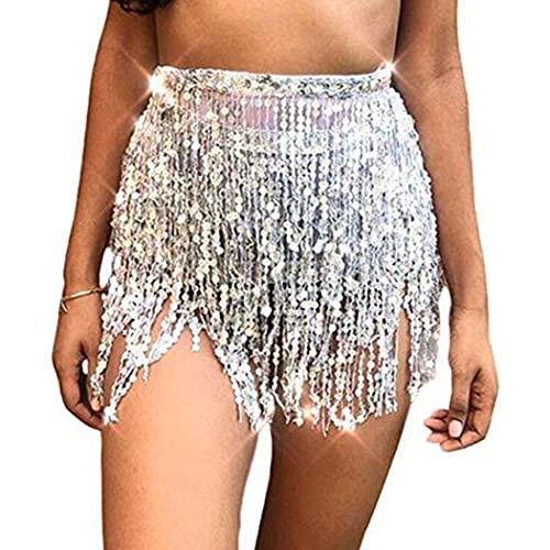 Reetan Boho Belly Skirt Sequins Belly Hip Scarf Tassel Fringe Skirt Rave Party Dance Performance Costume For Women And Girls (A-Silver) #TOP4
