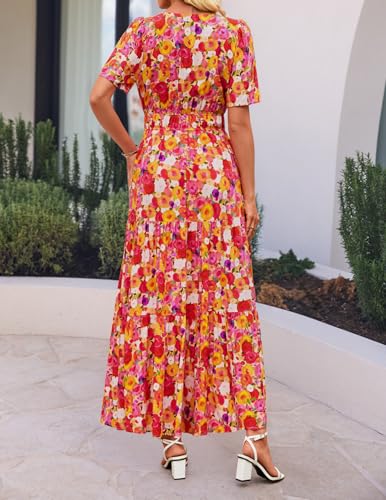 Image of ZESICA Women's 2026 Summer Spring Floral Boho Maxi Dresses Casual Short Sleeve V Neck A Line Flowy Beach Vacation Dress