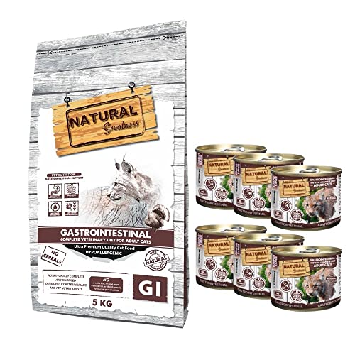 Pienso para Gatos Gastrointestinal Sin Cereales Natural Greatness + 6 Latas 200 grs | ANIMALUJOS (Saco 5 Kg + 6 Latas)