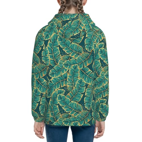 Gold and Green Tropic Leaves Kids Pullover Hoodies Boys Sweatshirts Girls Athletic Clothes with Pocket4