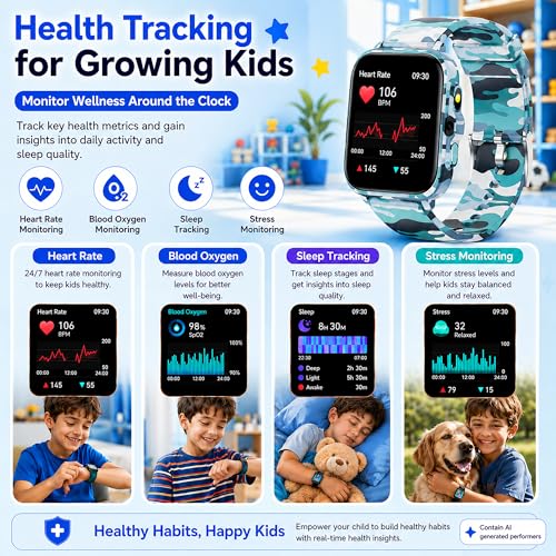 Image of Smart Watch for Kids Boys Age 5-12, Ai Functions Games HD Touch Screen Watches with Video Camera Music Player Pedometer Heart Rate Sleep Tracker Christmas Birthday Gifts for Boys (Camouflage, 1.85 inch)