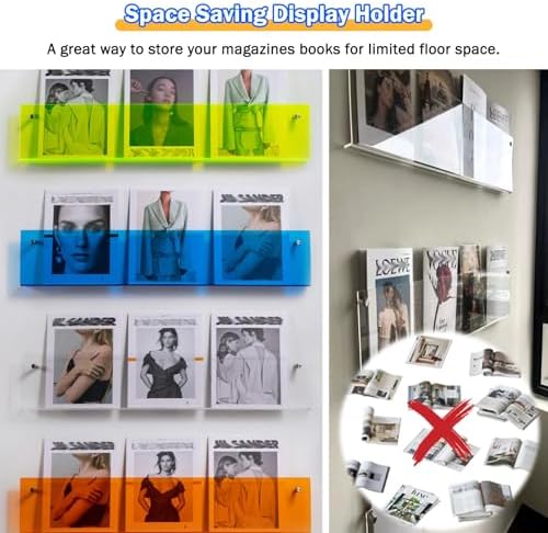 2 Pack Acrylic Wall Mount Magazine Holder - Clear Literature Display & Brochure Rack for Home Office, Waiting Room, Space-Saving Floating Bookshelf & Newspaper Organizer (23.6in)