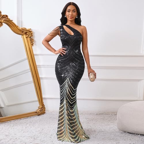 Image of Cololura Women Sequin Elegant Sexy One Shoulder Tassel Mermaid Bodycon Cocktail Evening Dress