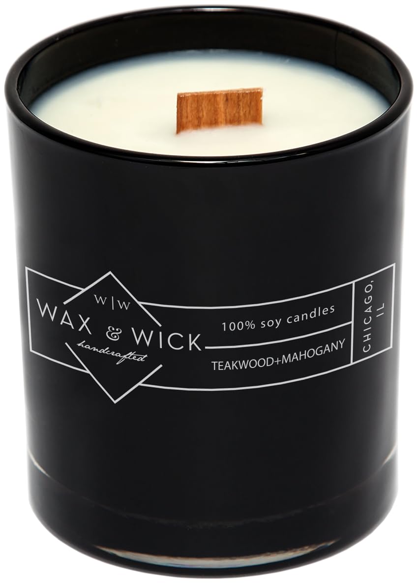Wax & Wick Świeca zapachowa 350 ml dla mężczyzn, 100% wosk sojowy, podwójny knot drewniany, czarny słoik, zapach mahoniu z drewna tekowego, trwały, męski zapach, idealna do domu, Mancave, podkładka