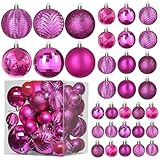 Prextex 36-Pieces Fuchsia Pink Christmas Ornaments Set - Shatterproof, Festive Christmas Balls Decorations in 3 Sizes and 6 Styles with Hanging Loops for Tree, Wreath, and Dazzling Holiday Party Decor
