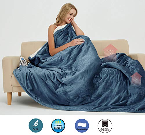 MARQUESS Queen Electric Heated Blanket MicroPlush Sherpa and Reversible Flannel Washable Comfortable with 10 Heat Settings/Safety 10 Hours Auto-Off Controller with Fast-Heating (84 x 90'' Navy Blue)