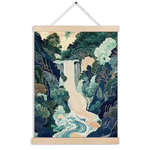 FITIE Green Abstract Japanese Waterfall Forest Scenic Canvas Wall Art Poster, Watercolor Blue Green Nature Landscape Wall Decor Prints for Japanese Home Bedroom Living Room, 12x16 Inches