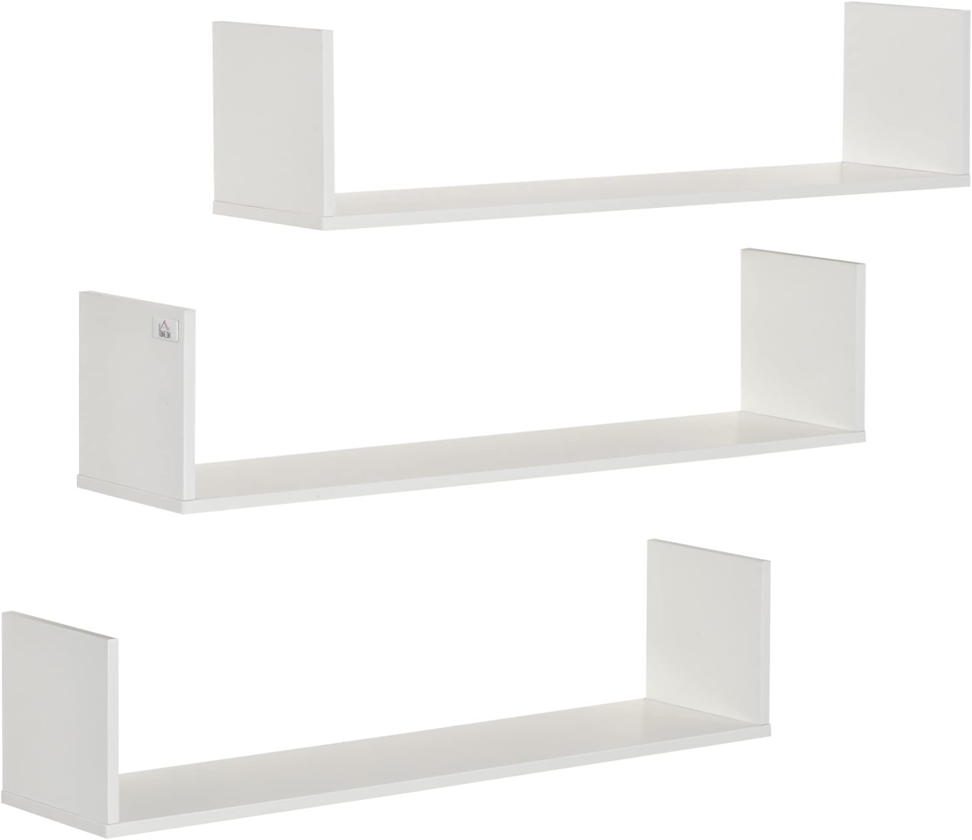 HOMCOM Set of 3 Wooden U-Shaped Floating Shelves Set Wall Mounted Hanging Bookshelf CD DVD Storage Display for Bedroom Living Room Kitchen, White