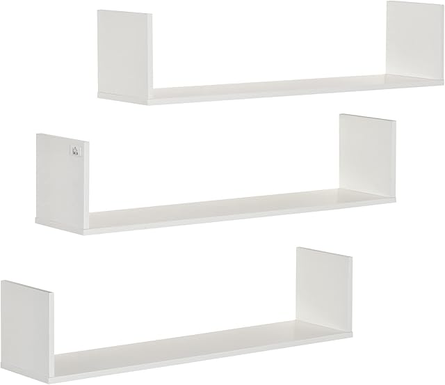 HOMCOM Set of 3 Wooden U-Shaped Floating Shelves Set Wall Mounted Hanging Bookshelf CD DVD Storage Display for Bedroom Living Room Kitchen, White