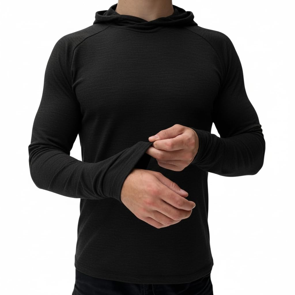 100% Merino Wool Shirt for Men with Hood - Lightweight & UV-Protective - Base Layer Mens