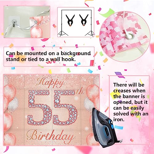 Image of Happy 55th Birthday Rose Gold Banner Cheers to 55 Years Old Backdrop Confetti Balloons Theme Decor for Women 55 Years Old Pink Birthday Party Decorations Bday Supplies Background Favors Gift Glitter