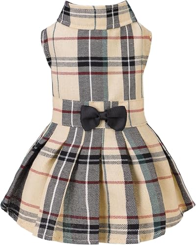 BINGPET 犬 服 ワンピース 犬の服 ペット服 洋服 チェック柄 春夏秋 トイプードル 服 可愛い 女の子 おしゃれ ドッグウェア ドレス スカート ペット用 袖なし お散歩 リボン付き 超小型犬 小型犬 中型犬 猫 (チェック, S)