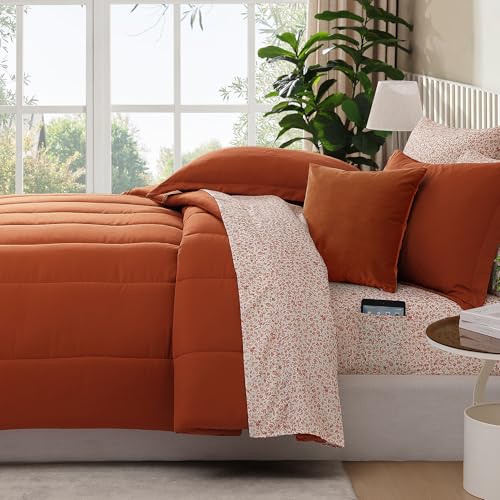 Image of Monbix King Size Comforter Set - 7 Pieces Bed in a Bag King, Burnt Orange Track Stitching Bedding Sets, All Seasons Comforter Bed Set with Sheets