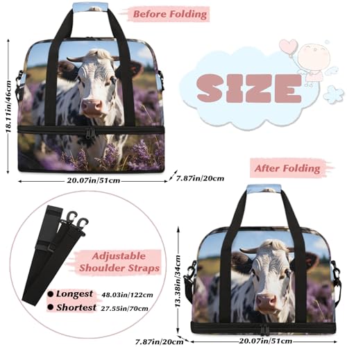 Large Weekender Overnight Bags Animal Cow Lavender Travel Duffel Bag for Women Men Gym Bag With Shoe Compartment Foldie Travel Tote Bag Carry On Personal Item Bag for Travel Gym Sports2