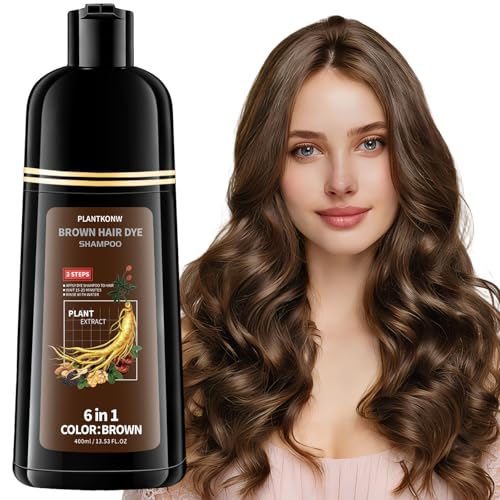 Plantkonw Brown Hair Dye Shampoo, 6 In 1 Semi Permanent Hair Color Shampoo for Gray Coverage, Natural Hair Dye for Women & Men, Ammonia & Paraben Free