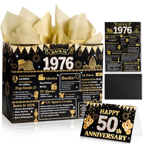 50th Anniversary Party Gift Bag, - 1976 Gift Bag with Tissue Papers Poster Envelope&Card, 50th Wedding Two-sided Anniversary Paper Gift Wrap Bags for Women Men Gold Wedding Party Supplies, 12"x9.5"x5.3"