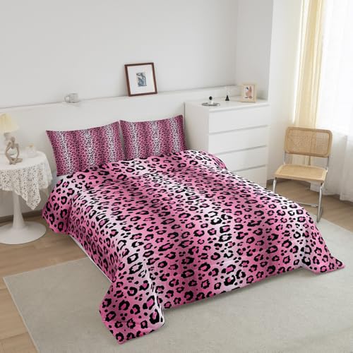 Image of Feelyou Hot Pink Leopard Comforter Set Queen, Cheetah Fur Print Bedding Set Teens Leopard Stripes Comforter Toddler Wildlife Duvet Set with 2 Pillow Case