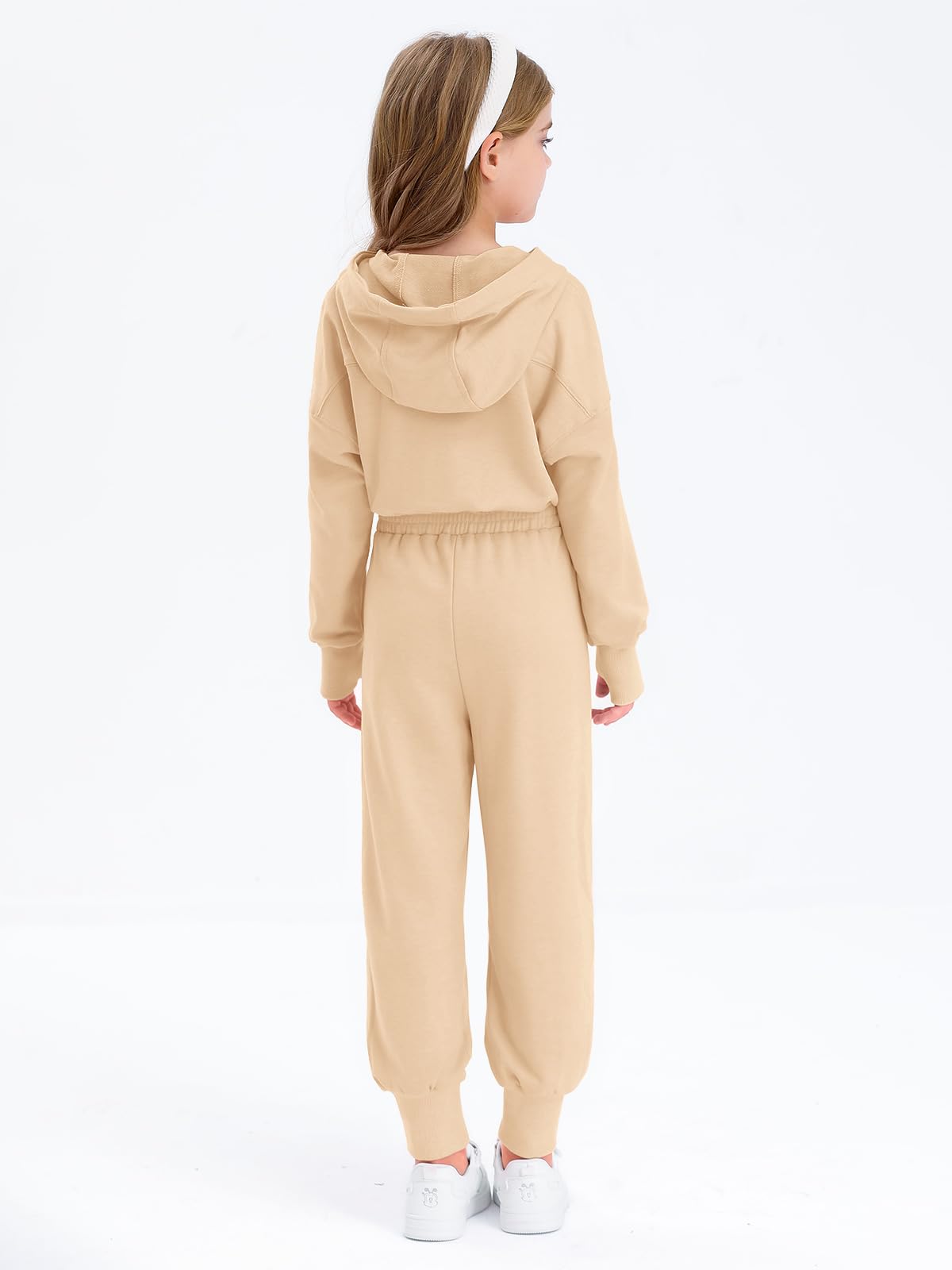 Haloumoning Lässiger Jumpsuit für Mädchen, langärmelig, mit Kapuze, Strampler, langer Einteiler mit Taschen, Größe 4–14