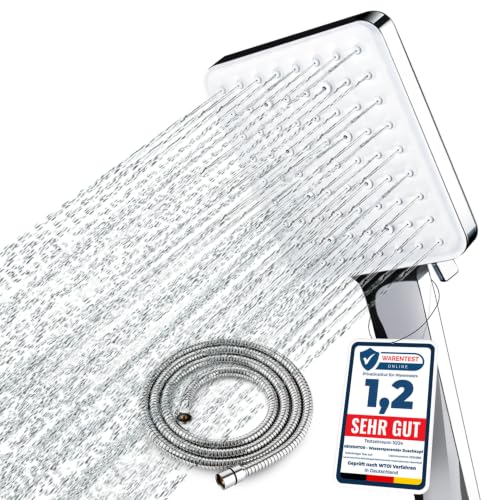 Newentor Duschkopf [TESTSIEGER] Eckig Duschkopf Hochdruck Duschbrause Handbrause mit 6 Strahlarten Silber (mit Schlauch 1 5M)