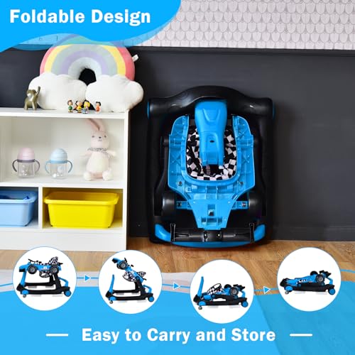 Image of GLACER Foldable Baby Walker, 4-in-1 Infant Walker with Adjustable Height & Speed, Music, Light, Steering Wheel & Washable Cushion, Baby Walker Activity Center for Boys Girls 6 -18 Months (Blue)