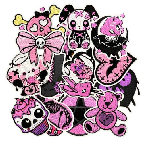 16 Pcs Black Pink Gothic Iron On/Sew On Patches Cool Girl Gothic Embroidered Applique Clothes Backpacks Hats Pants Jackets Jeans Decoration Bachelorette Party Favors DIY Accessories