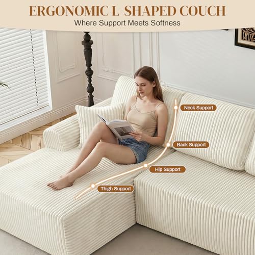 Image of 110 inch L Shaped Boneless Sectional Couches for Living Room, Comfy Corduroy Floor Cloud Sofa with Chaise, Wide Armrest, Deep Seat, Memory Foam, Assembly Free, Ideal for Small Spaces, Beige